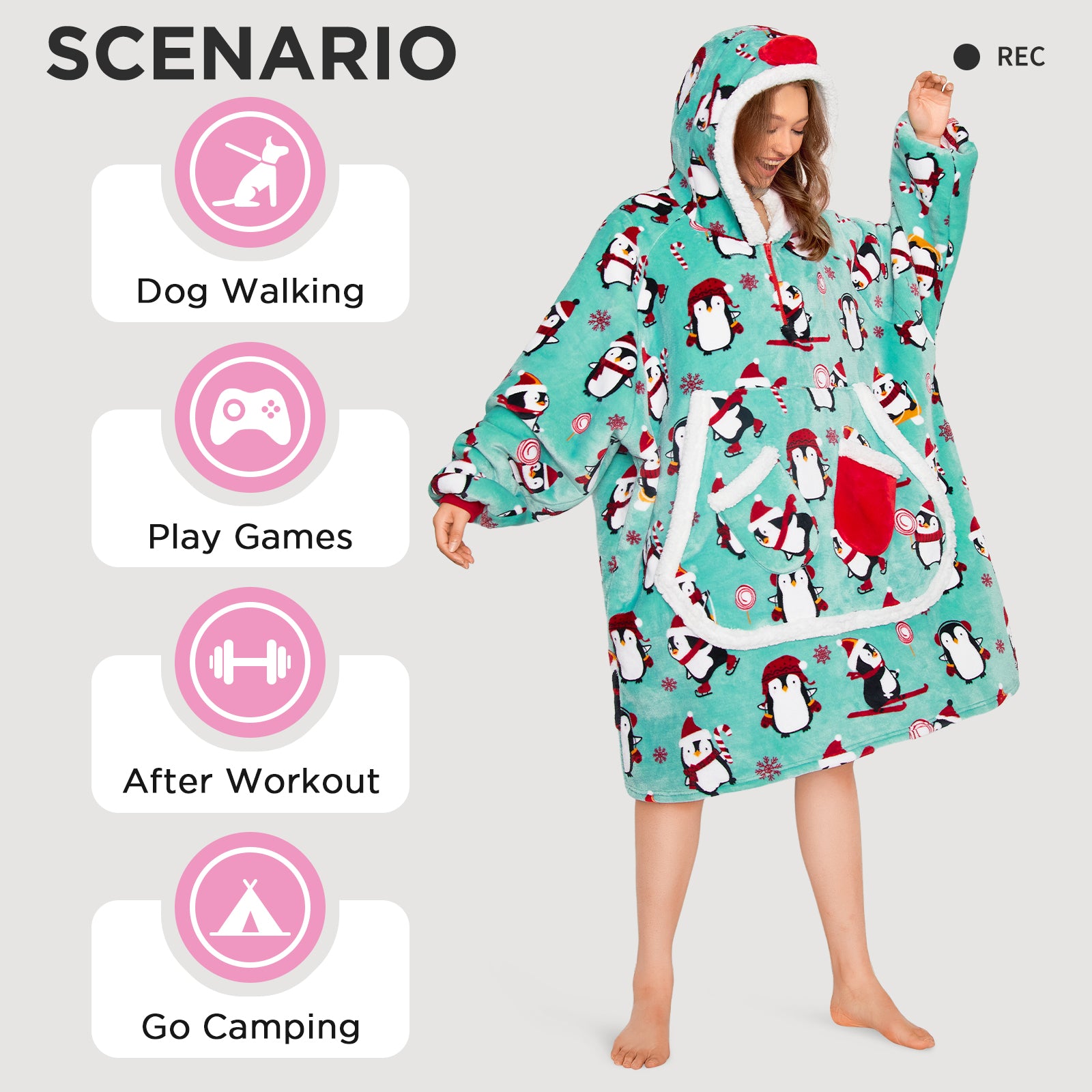 OLAOLA Penguin Blue Wearable Blanket Hoodie Animals Onesie Oversized Soft Homwear With Giant Pocket For Adult