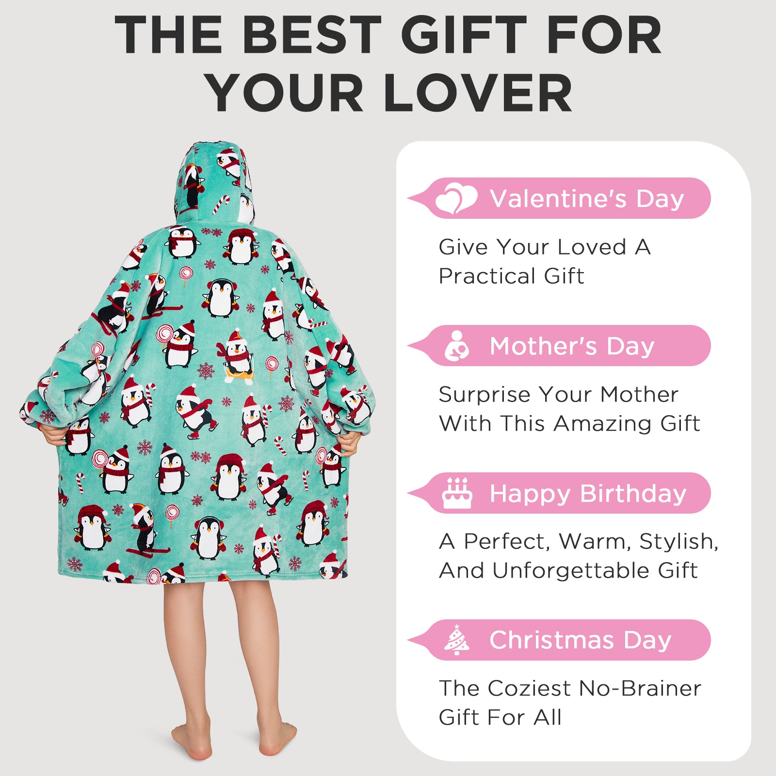 OLAOLA Penguin Blue Wearable Blanket Hoodie Animals Onesie Oversized Soft Homwear With Giant Pocket For Adult