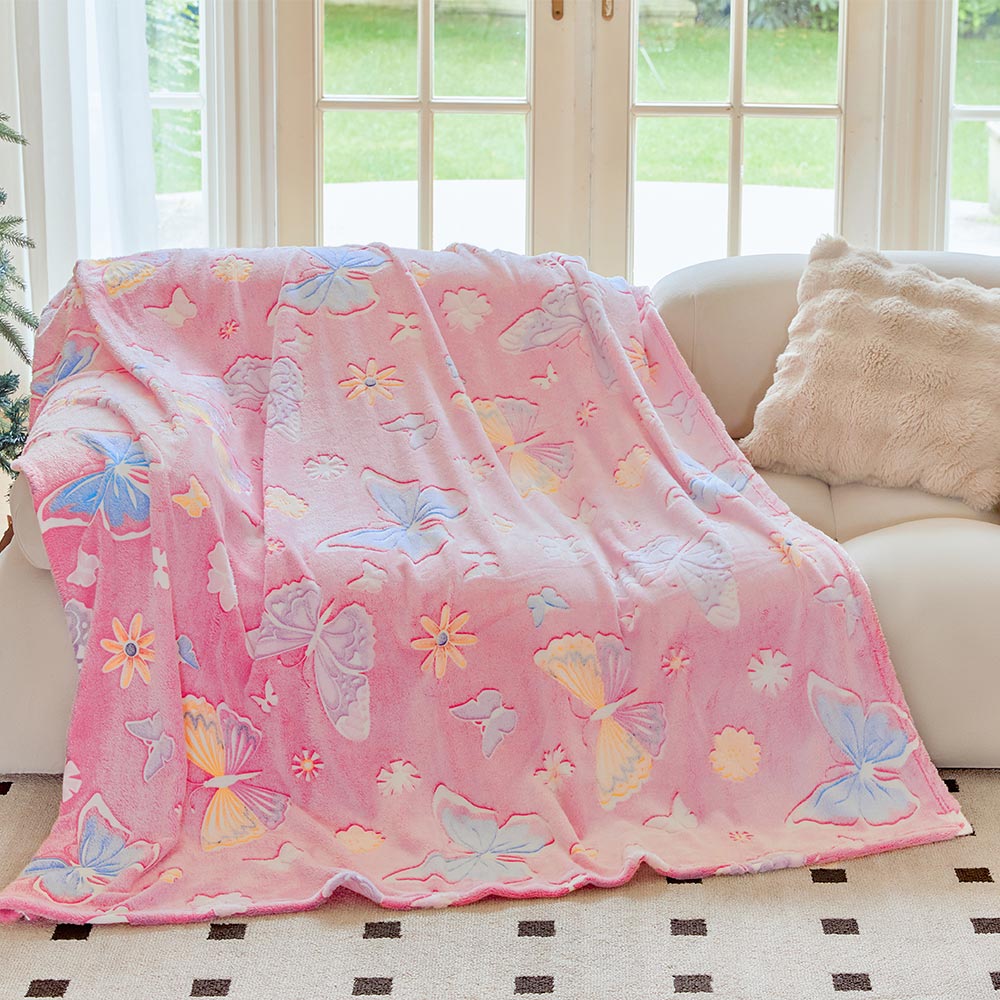 OLAOLA Pink Butterfly Glow In The Dark Blanket Soft Cozy Flannel Throw AC Comforters Nap For Kids Daughters