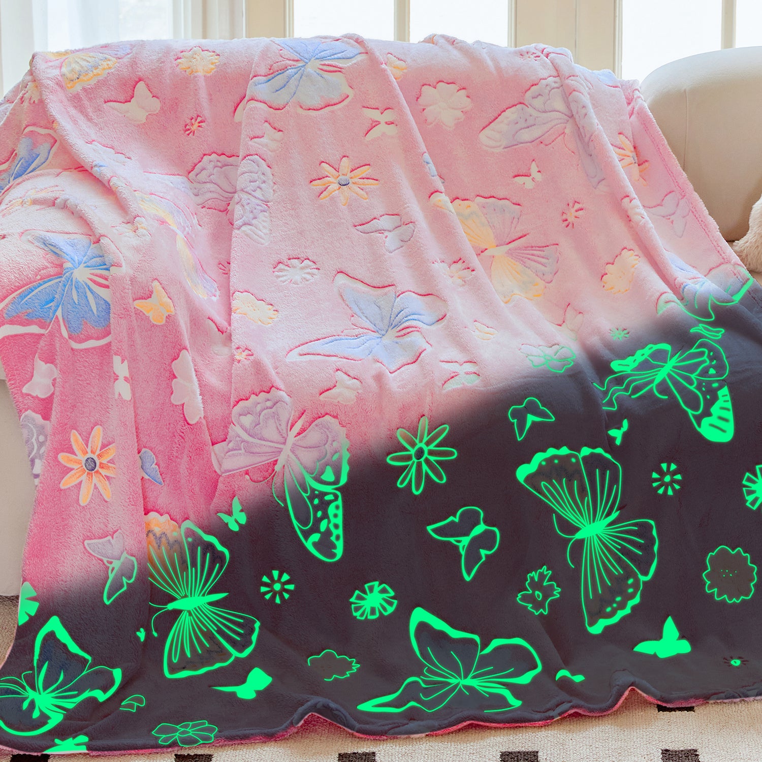 OLAOLA Pink Butterfly Glow In The Dark Blanket Soft Cozy Flannel Throw AC Comforters Nap For Kids Daughters
