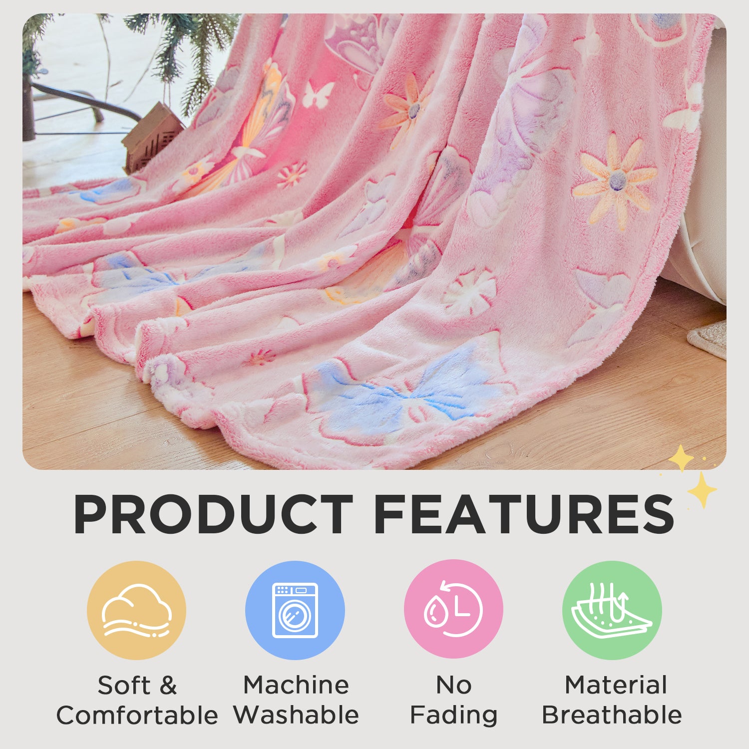 OLAOLA Pink Butterfly Glow In The Dark Blanket Soft Cozy Flannel Throw AC Comforters Nap For Kids Daughters