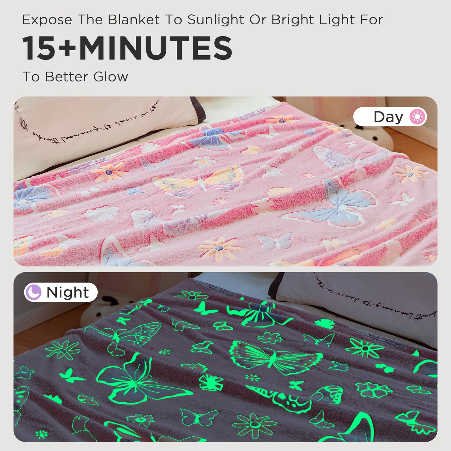 OLAOLA Pink Butterfly Glow In The Dark Blanket Soft Cozy Flannel Throw AC Comforters Nap For Kids Daughters