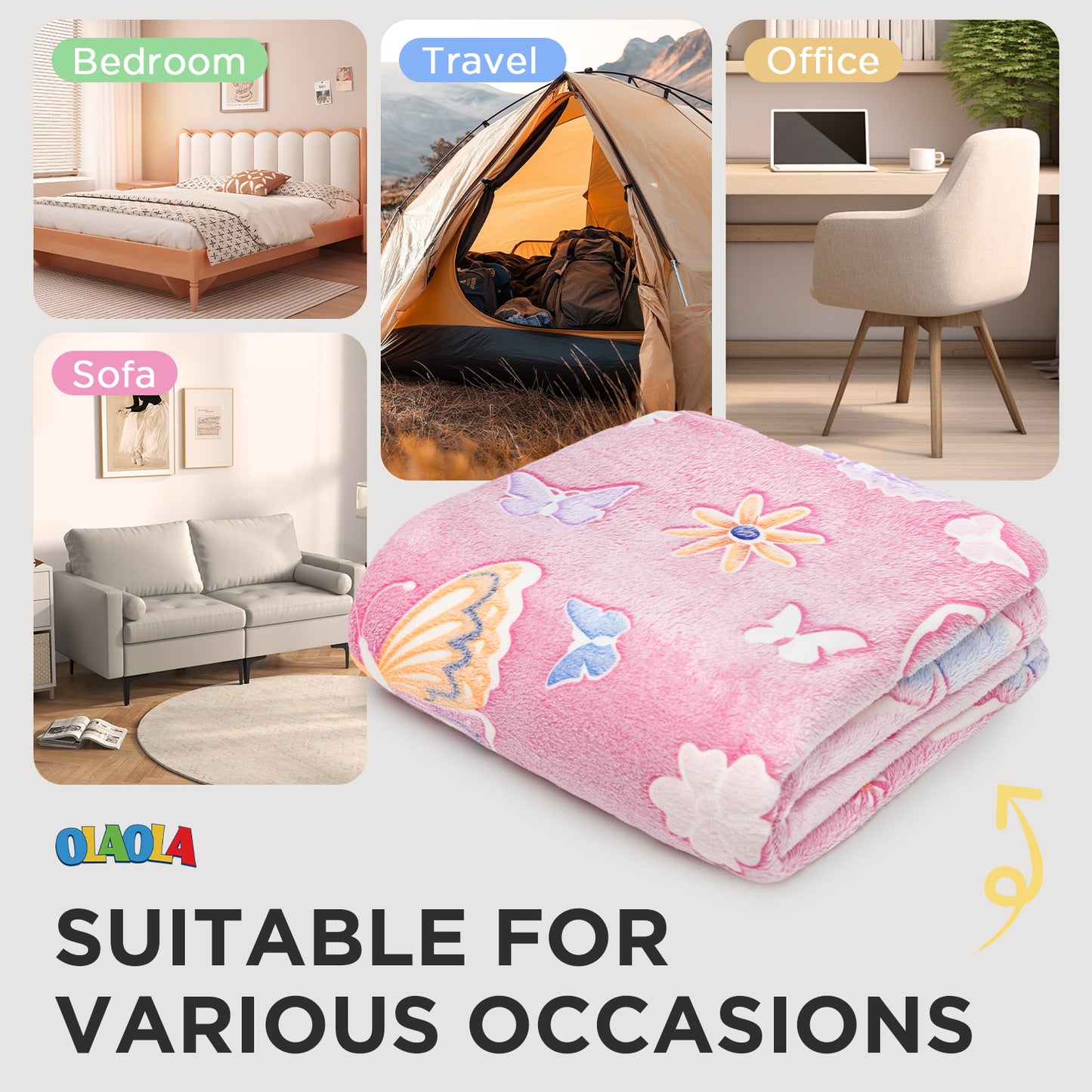 OLAOLA Pink Butterfly Glow In The Dark Blanket Soft Cozy Flannel Throw AC Comforters Nap For Kids Daughters