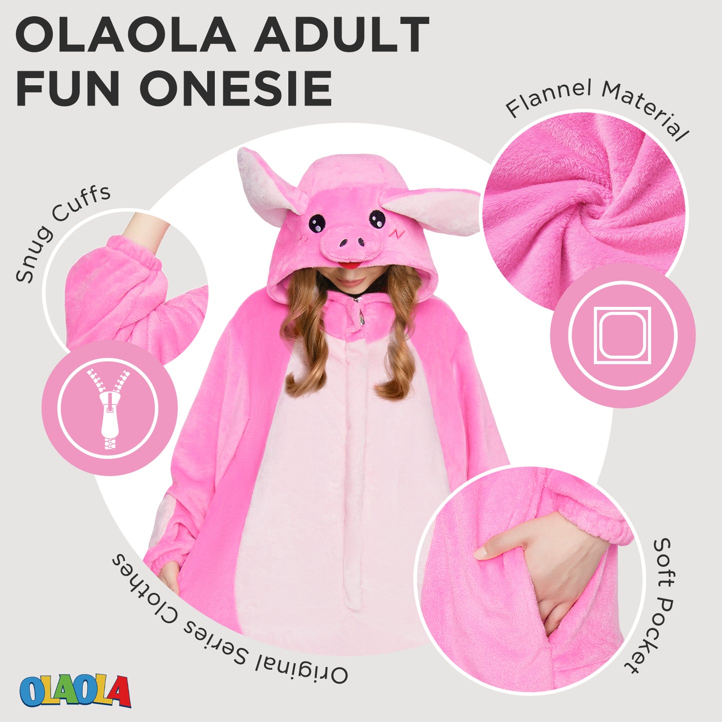 OLAOLA Pink Pig Pajamas Animals Onesie Plush Warm Home One Piece Homewear For Adult Halloween Sleepwear Party