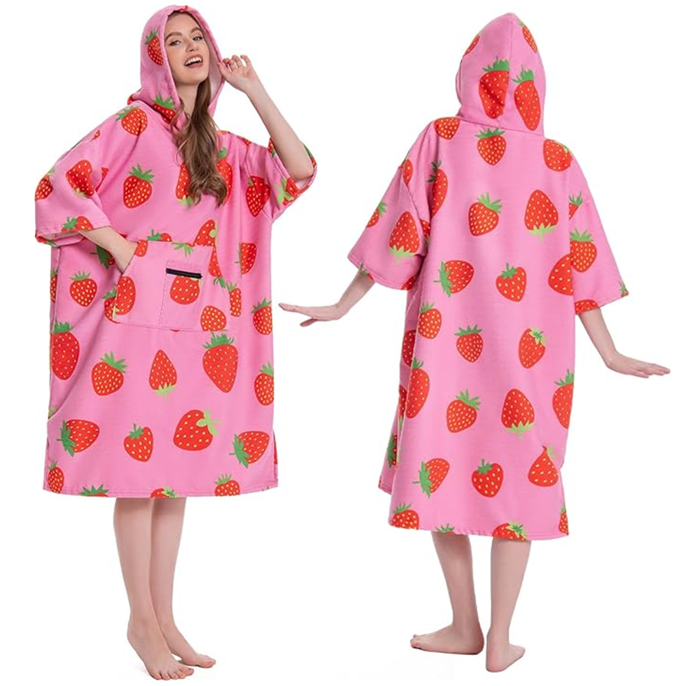 OLAOLA Pink Printed Strawberry Food Surf Poncho Changing Towel Swim Robe Quick Dry Blanket Outdoor Beach Cover Up