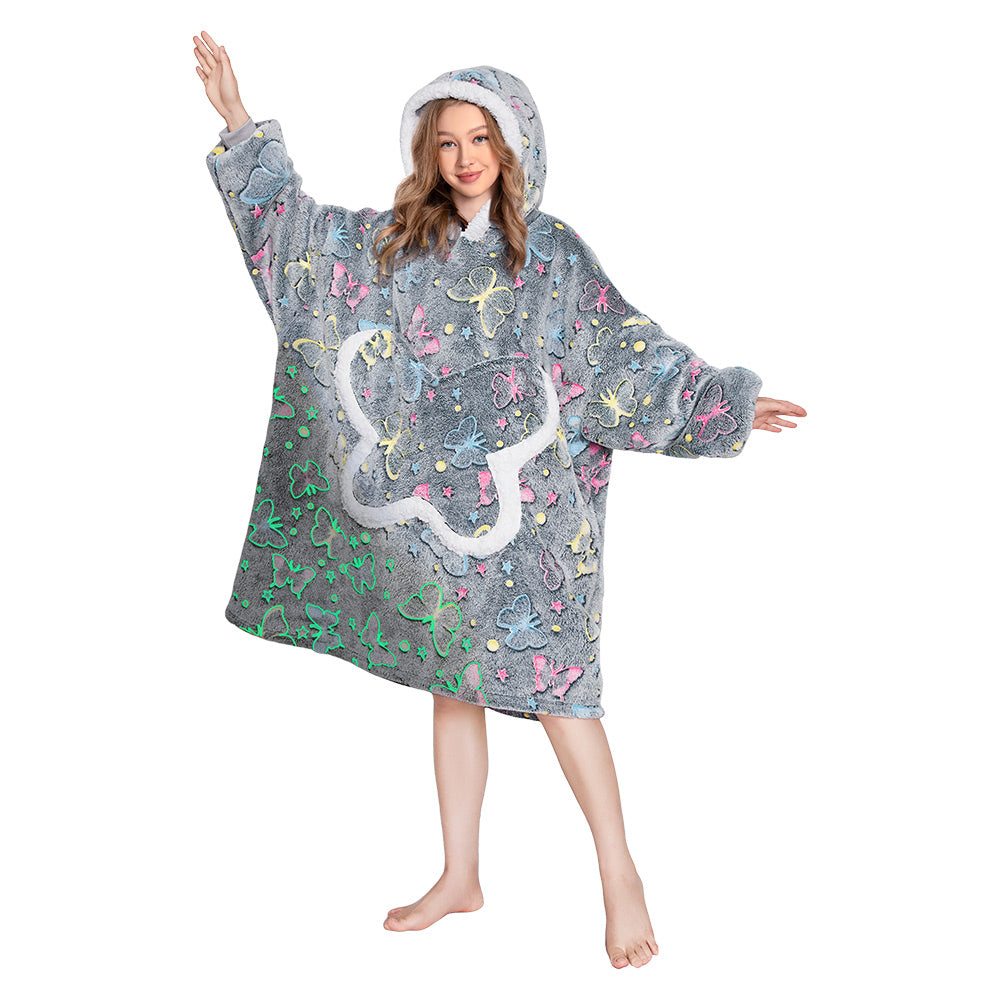 OLAOLA Printed Butterfly Luminous Glow In The Dark Wearable Hoodie Animals Onesie Oversized Soft Homewear For Adult