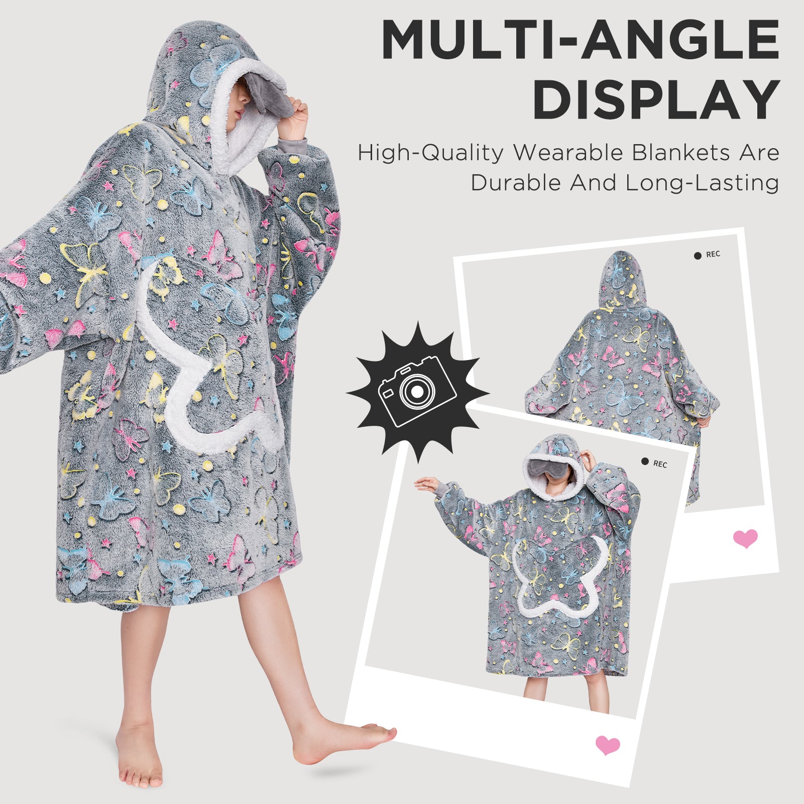 OLAOLA Printed Butterfly Luminous Glow In The Dark Wearable Hoodie Animals Onesie Oversized Soft Homewear For Adult