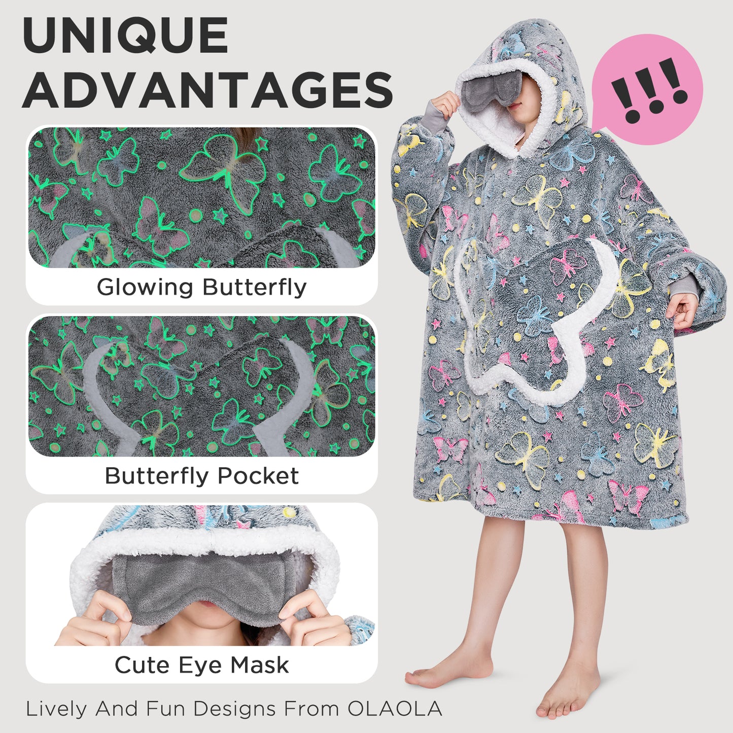 OLAOLA Printed Butterfly Luminous Glow In The Dark Wearable Hoodie Animals Onesie Oversized Soft Homewear For Adult