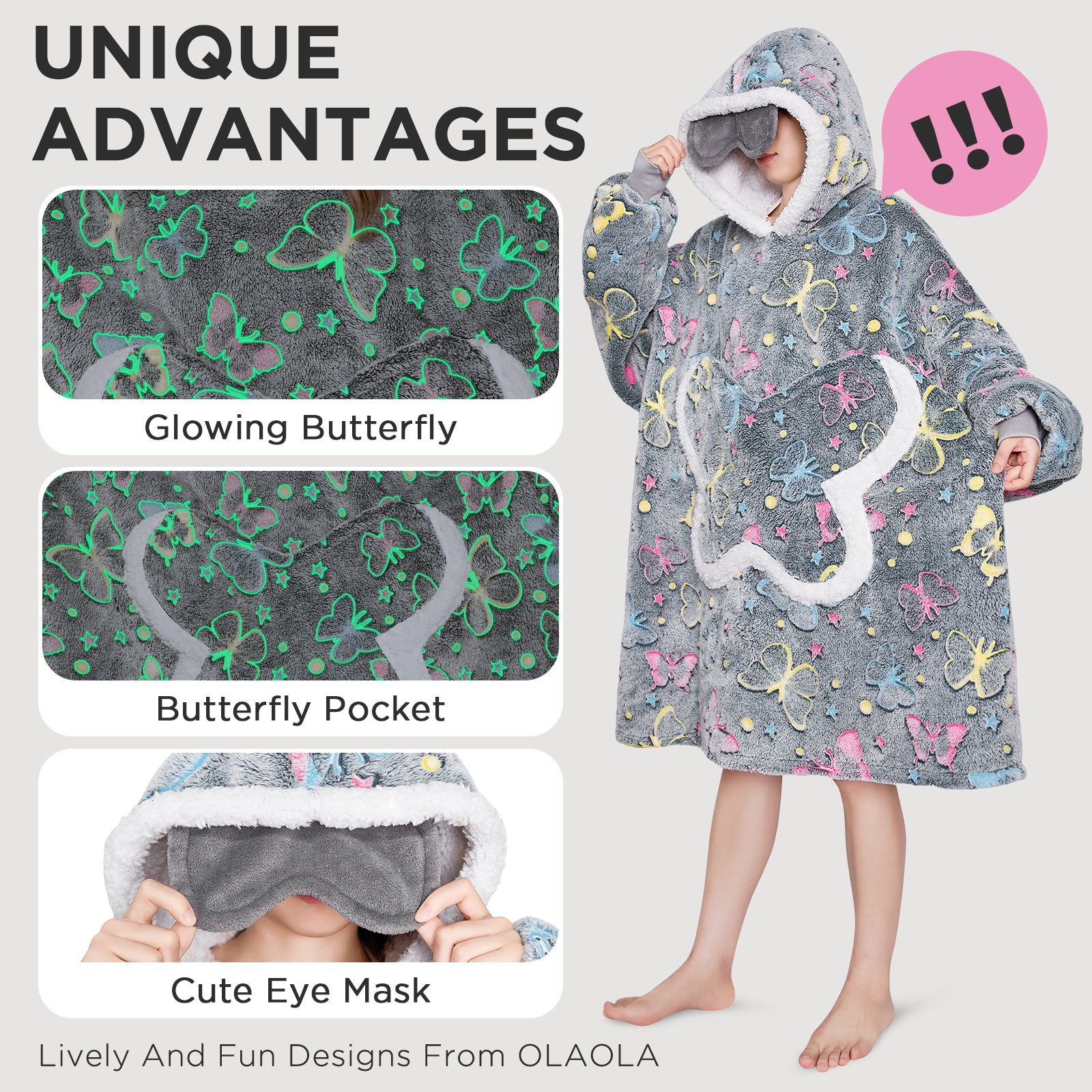 OLAOLA Printed Butterfly Luminous Glow In The Dark Wearable Hoodie Animals Onesie Oversized Soft Homewear For Adult