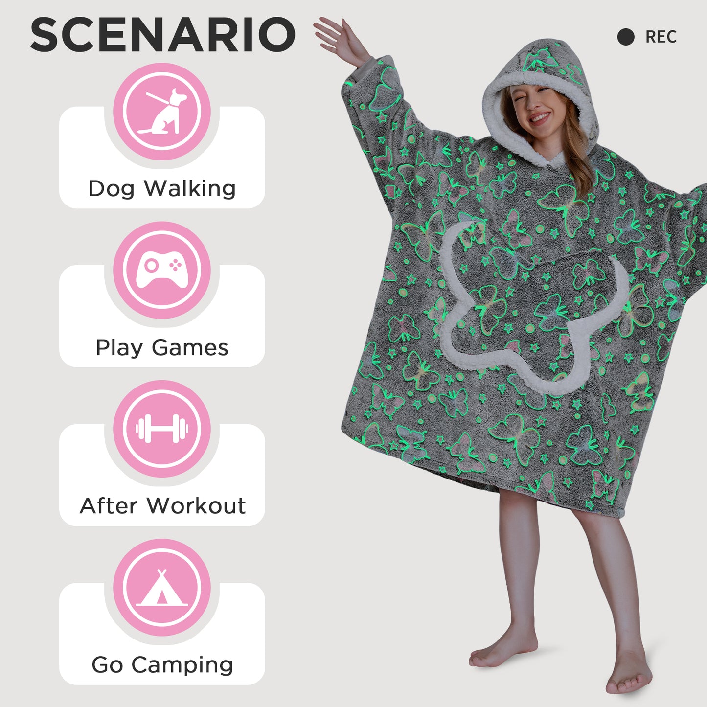 OLAOLA Printed Butterfly Luminous Glow In The Dark Wearable Hoodie Animals Onesie Oversized Soft Homewear For Adult