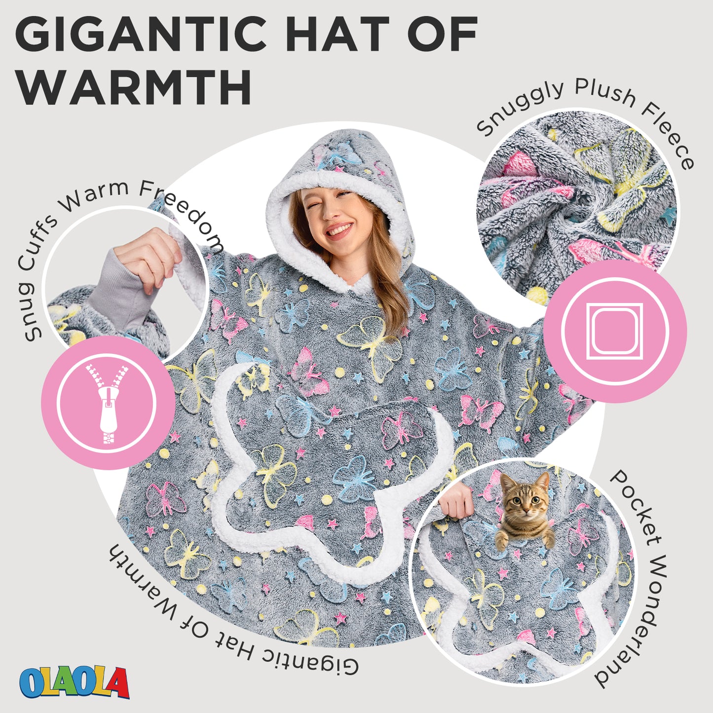 OLAOLA Printed Butterfly Luminous Glow In The Dark Wearable Hoodie Animals Onesie Oversized Soft Homewear For Adult