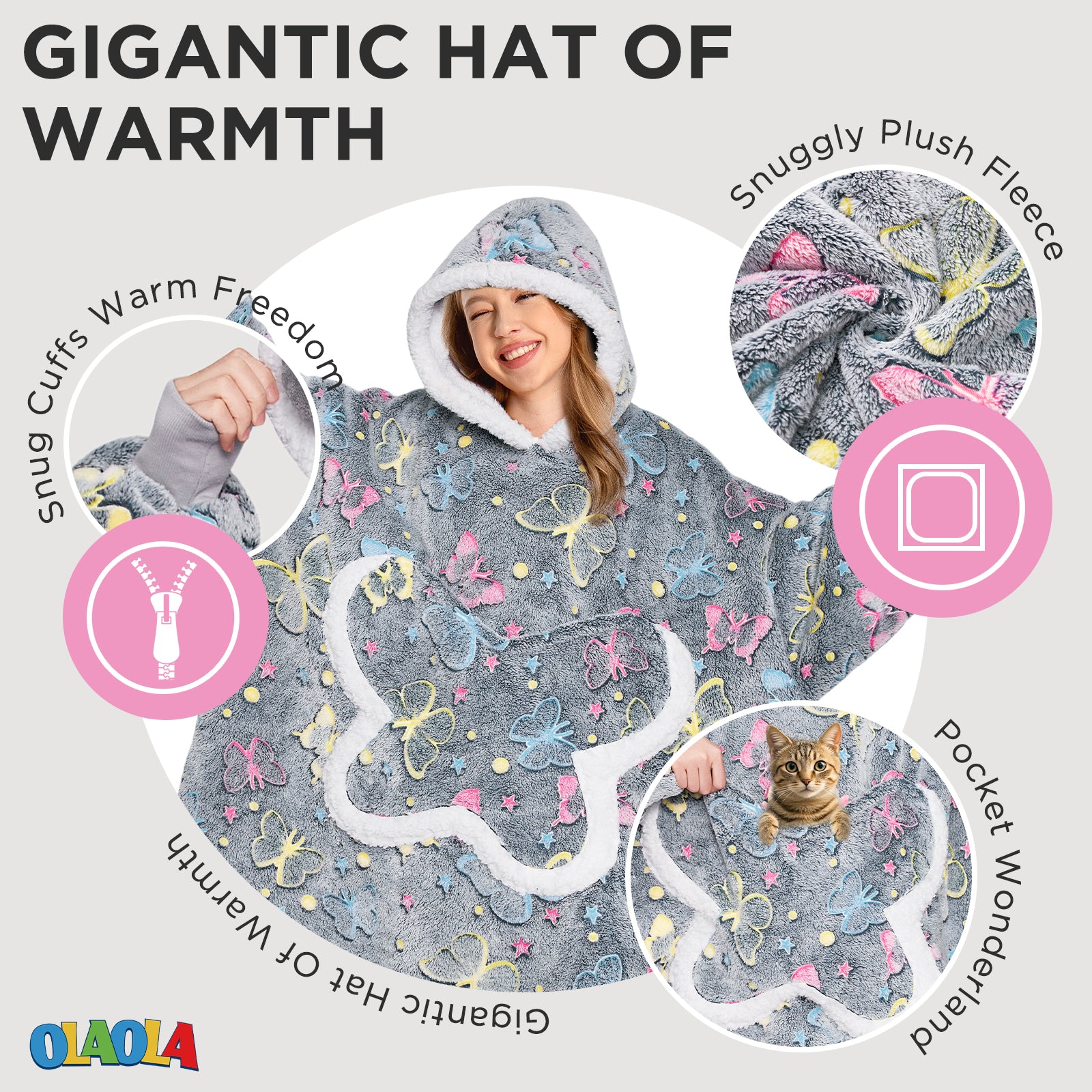 OLAOLA Printed Butterfly Luminous Glow In The Dark Wearable Hoodie Animals Onesie Oversized Soft Homewear For Adult
