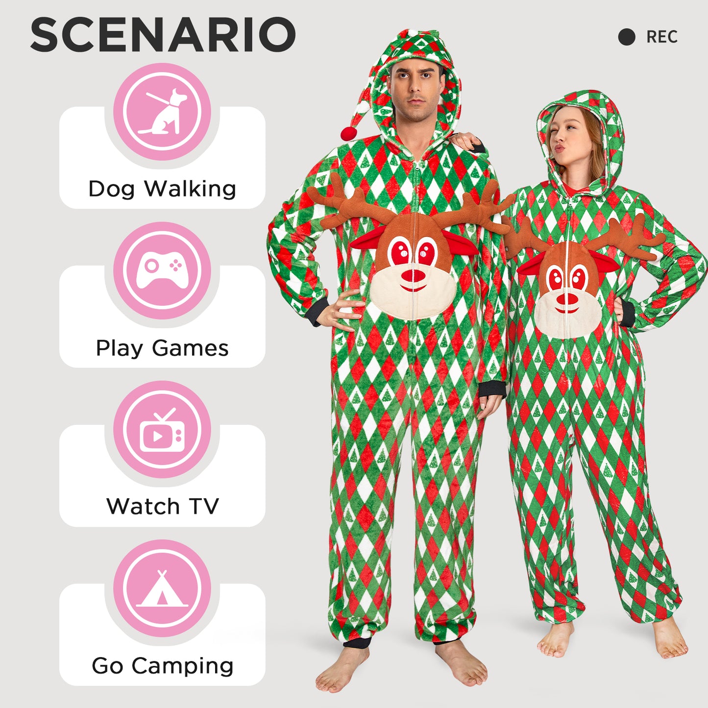OLAOLA Printed Diamond Elk Flannel Pajamas Plush Animals Onesie Adult Soft Sleepwear Christmas Carnival Suit