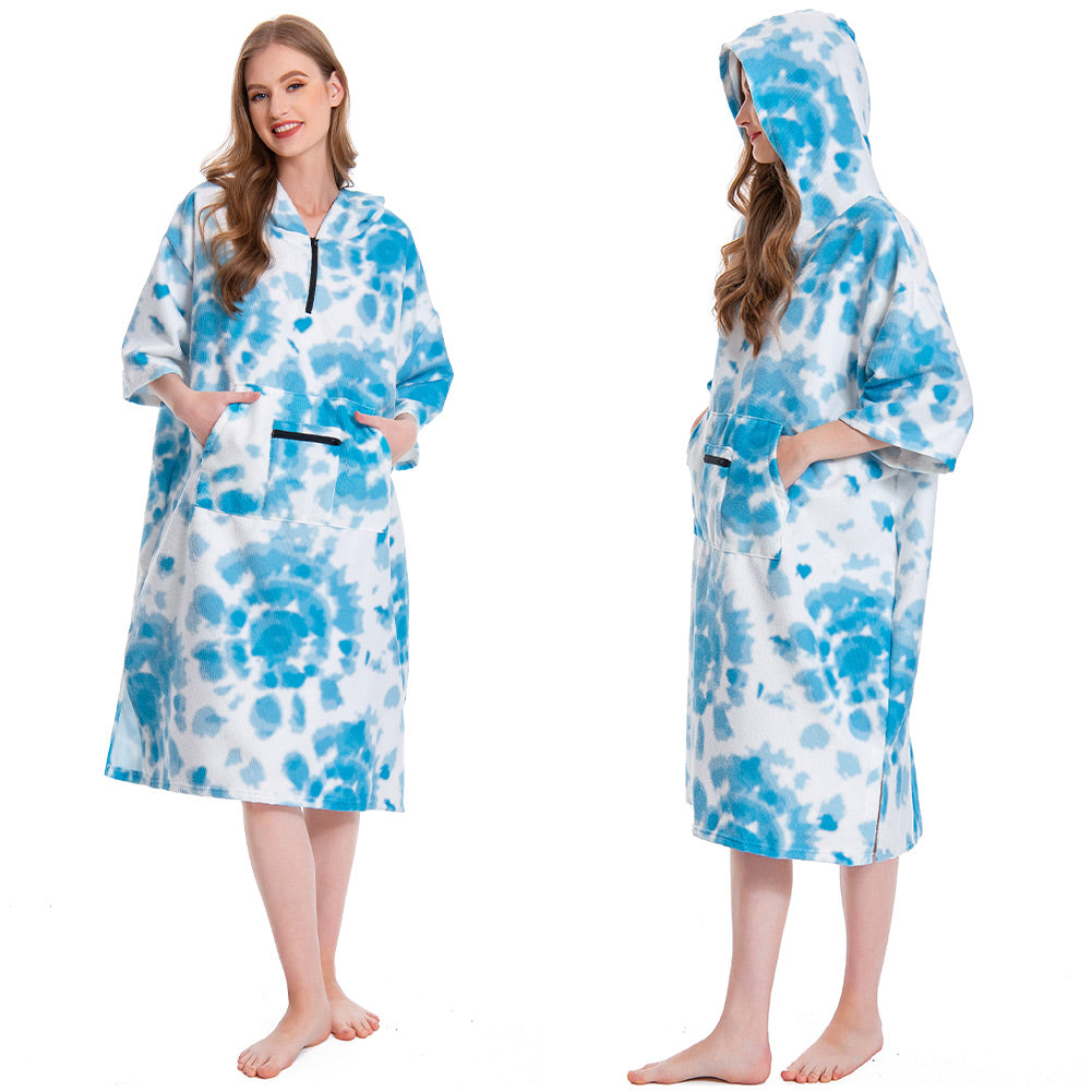 OLAOLA Printed Tie-dye Blue Surf Poncho Changing Towel Swim Robe Quick Dry Terry Cloth Cover-Up Hood Beach Towels