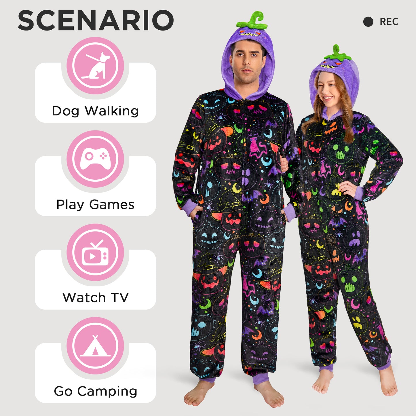 OLAOLA Purple Pumpkin Printed Pajamas Plush Animals Onesie Adult Soft Sleepwear Halloween Carnival Suit