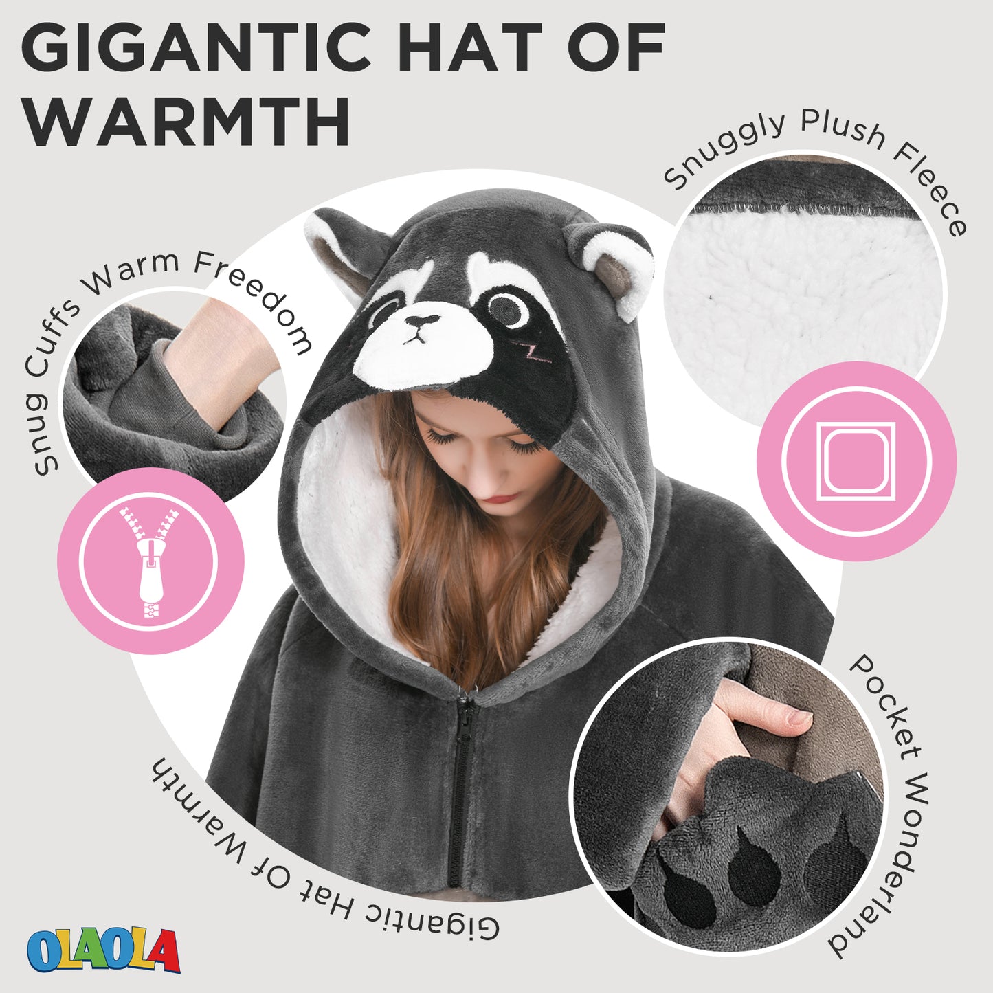 OLAOLA Raccoon Wearable Blanket Hoodie Animals Onesie Oversized Soft Homewear With Pocket For Adult