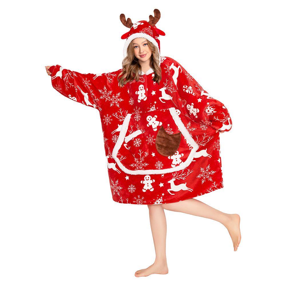 OLAOLA Red Christmas Elk Gingerbread Man Wearable Blanket Hoodie Animals Onesie Oversized Soft Homwear For Adult
