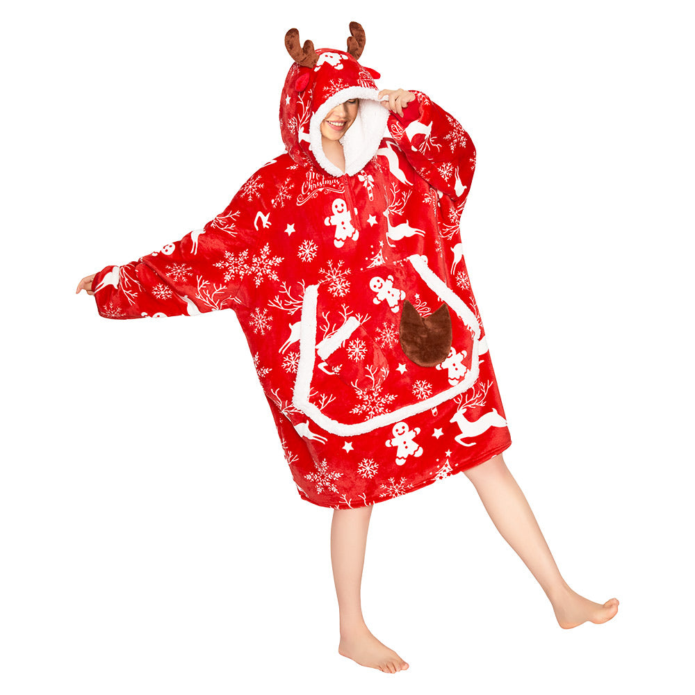 OLAOLA Red Christmas Elk Gingerbread Man Wearable Blanket Hoodie Animals Onesie Oversized Soft Homwear For Adult