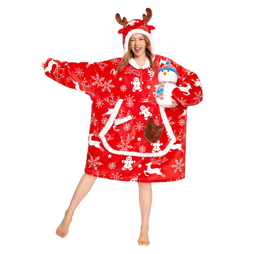 OLAOLA Red Christmas Elk Gingerbread Man Wearable Blanket Hoodie Animals Onesie Oversized Soft Homwear For Adult