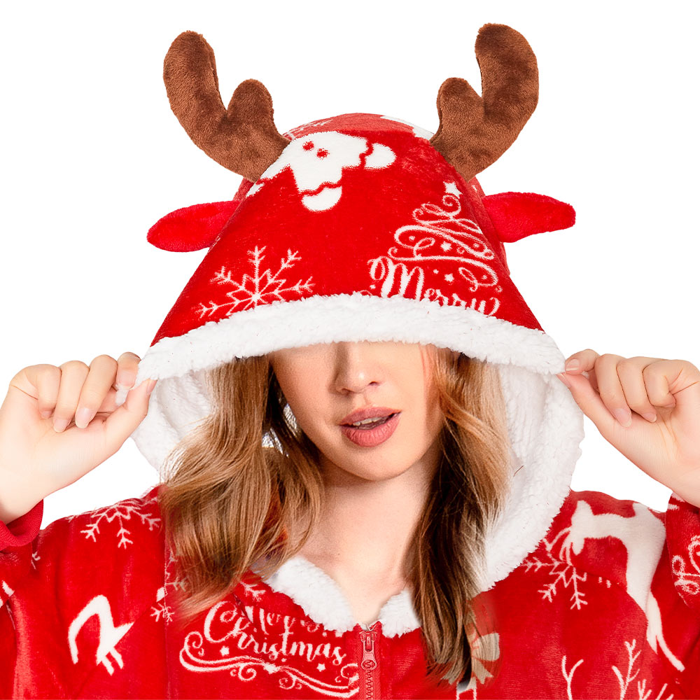 OLAOLA Red Christmas Elk Gingerbread Man Wearable Blanket Hoodie Animals Onesie Oversized Soft Homwear For Adult