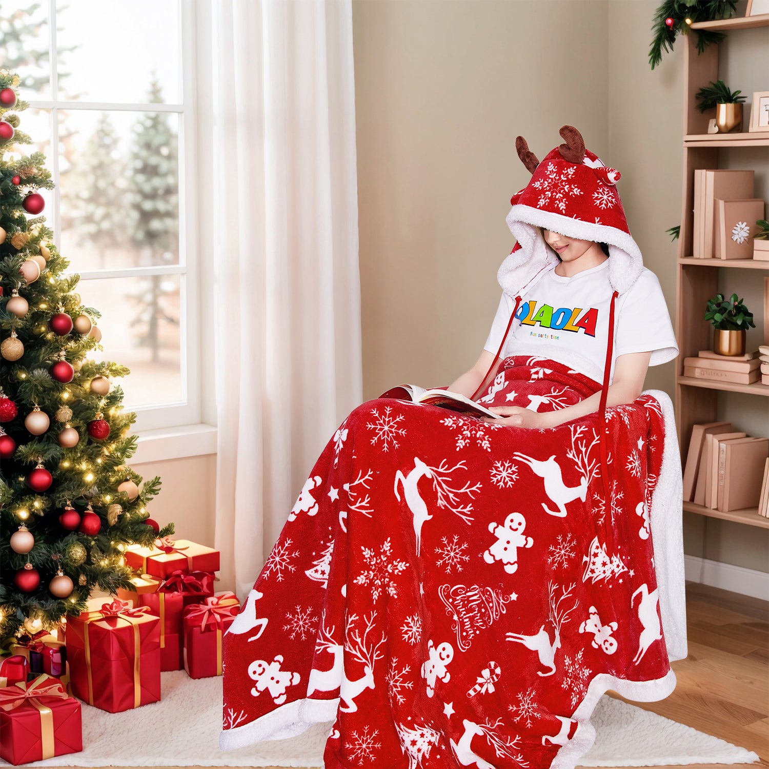 OLAOLA Red Christmas Flannel Blanket With Hat Original Design Warm Fuzzy Soft Bed Couch Sofa Throw Blanket Home Decoration