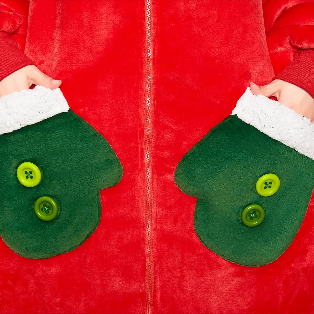 OLAOLA Red Gingerbread Man Christmas Wearable Blanket Hoodie With Zipper Oversized Fleece Sherpa Fluffy Hooded Blanket