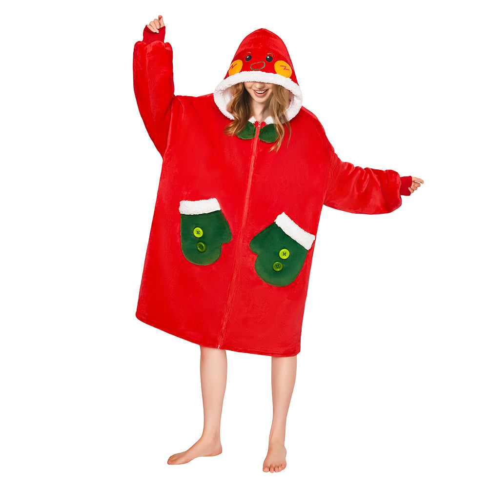 OLAOLA Red Gingerbread Man Christmas Wearable Blanket Hoodie With Zipper Oversized Fleece Sherpa Fluffy Hooded Blanket