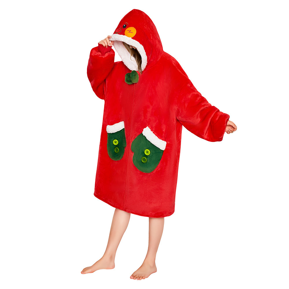 OLAOLA Red Gingerbread Man Christmas Wearable Blanket Hoodie With Zipper Oversized Fleece Sherpa Fluffy Hooded Blanket