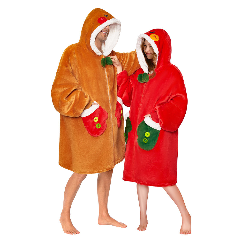 OLAOLA Red Gingerbread Man Christmas Wearable Blanket Hoodie With Zipper Oversized Fleece Sherpa Fluffy Hooded Blanket