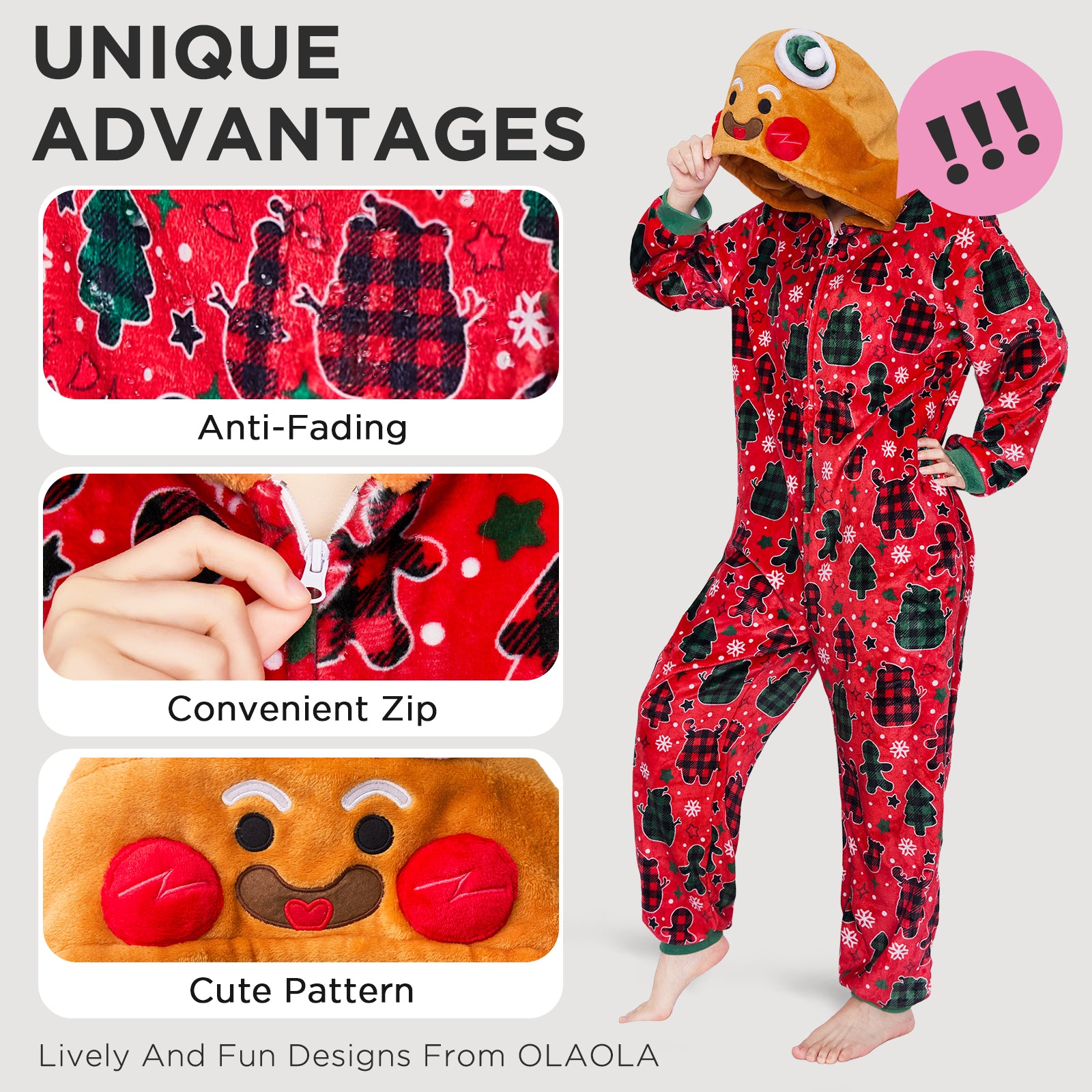 OLAOLA Red Gingerbread Man Printed Adult Pajamas Plush Sleeping Onesie Warm Home One-Piece Sleepwear Christmas Party Suit