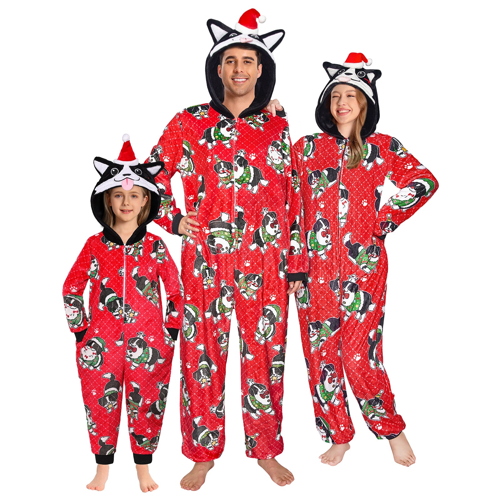 OLAOLA Red Printed Christmas Dog Pajamas Plush Animals Onesie Adult Soft Sleepwear Halloween Carnival Suit