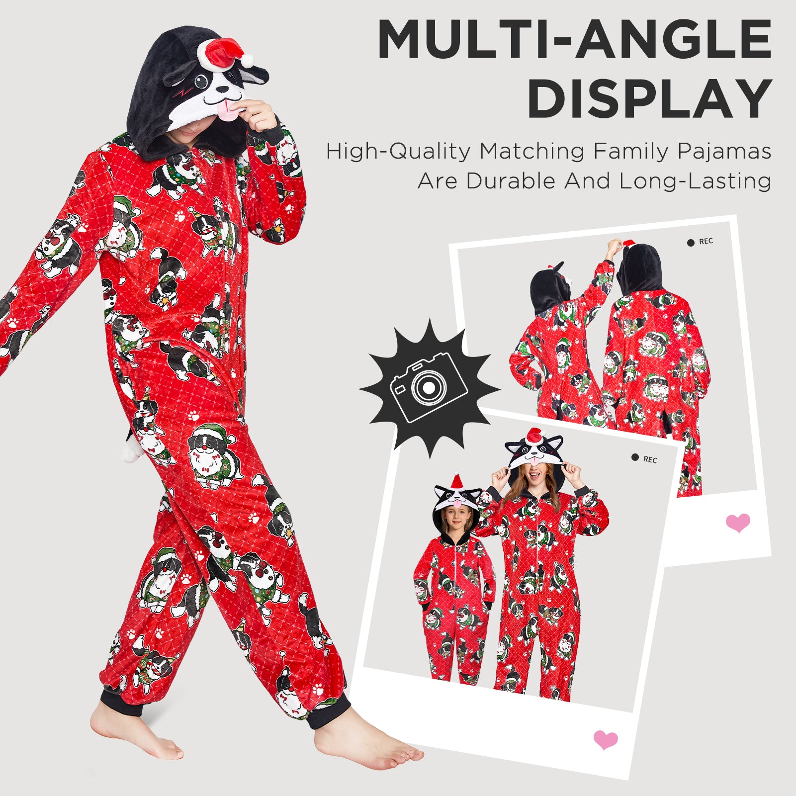 OLAOLA Red Printed Christmas Dog Pajamas Plush Animals Onesie Adult Soft Sleepwear Halloween Carnival Suit