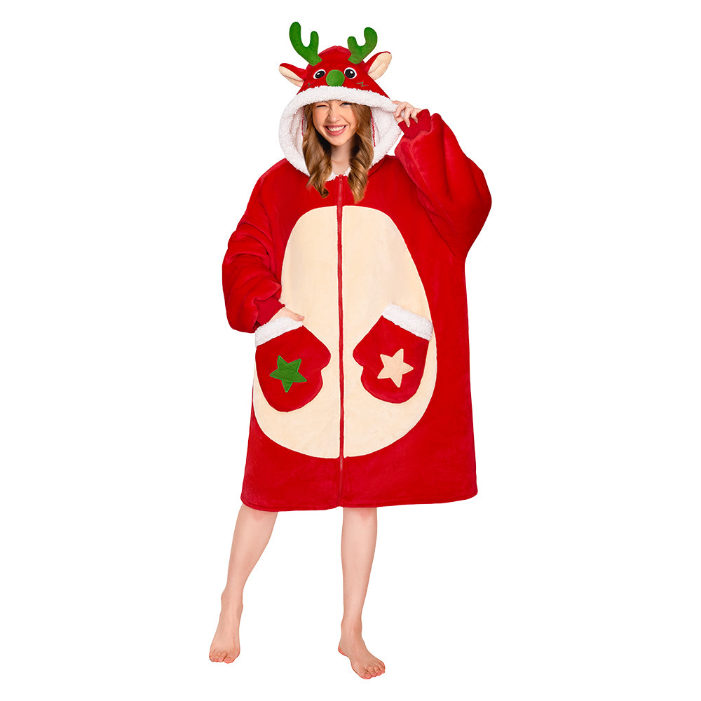 OLAOLA Red Reindeer Christmas Deer Fluffy Wearable Blanket Hoodie With Zipper Oversized Fleece Sherpa Sleepwear