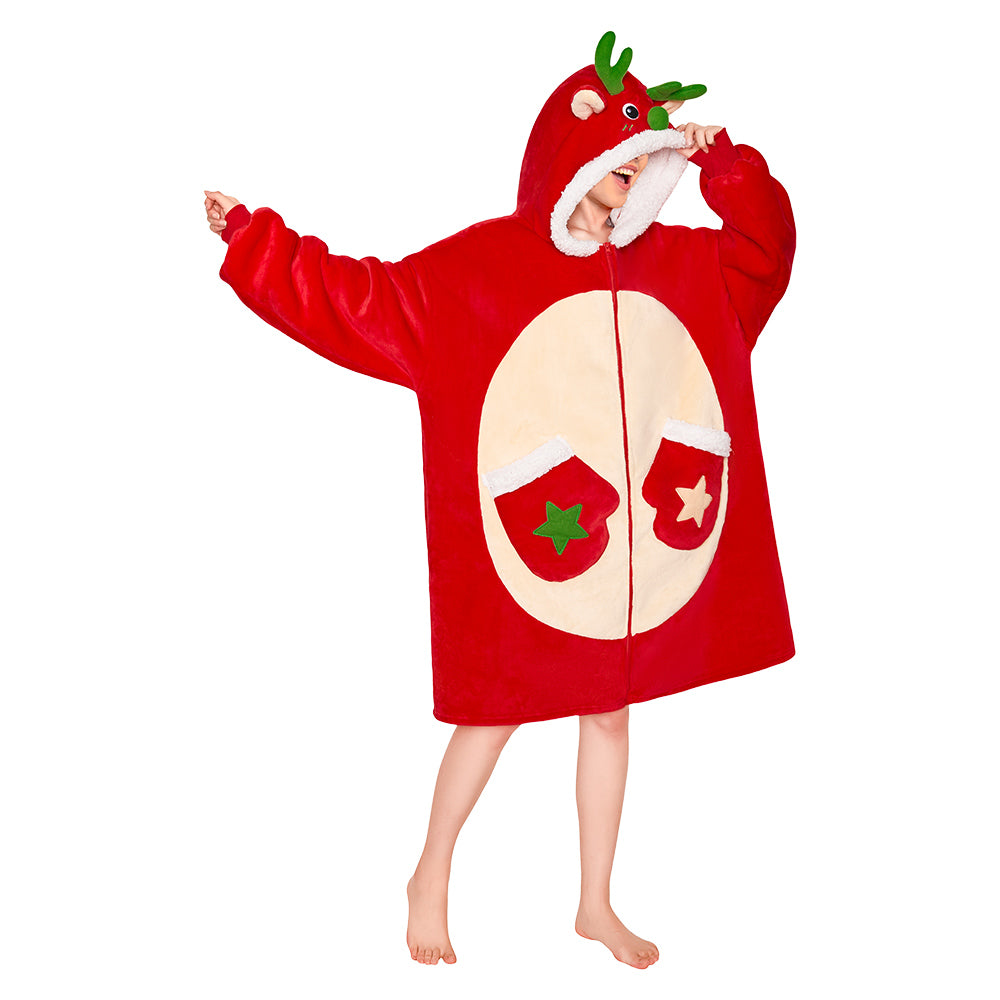 OLAOLA Red Reindeer Christmas Deer Fluffy Wearable Blanket Hoodie With Zipper Oversized Fleece Sherpa Sleepwear