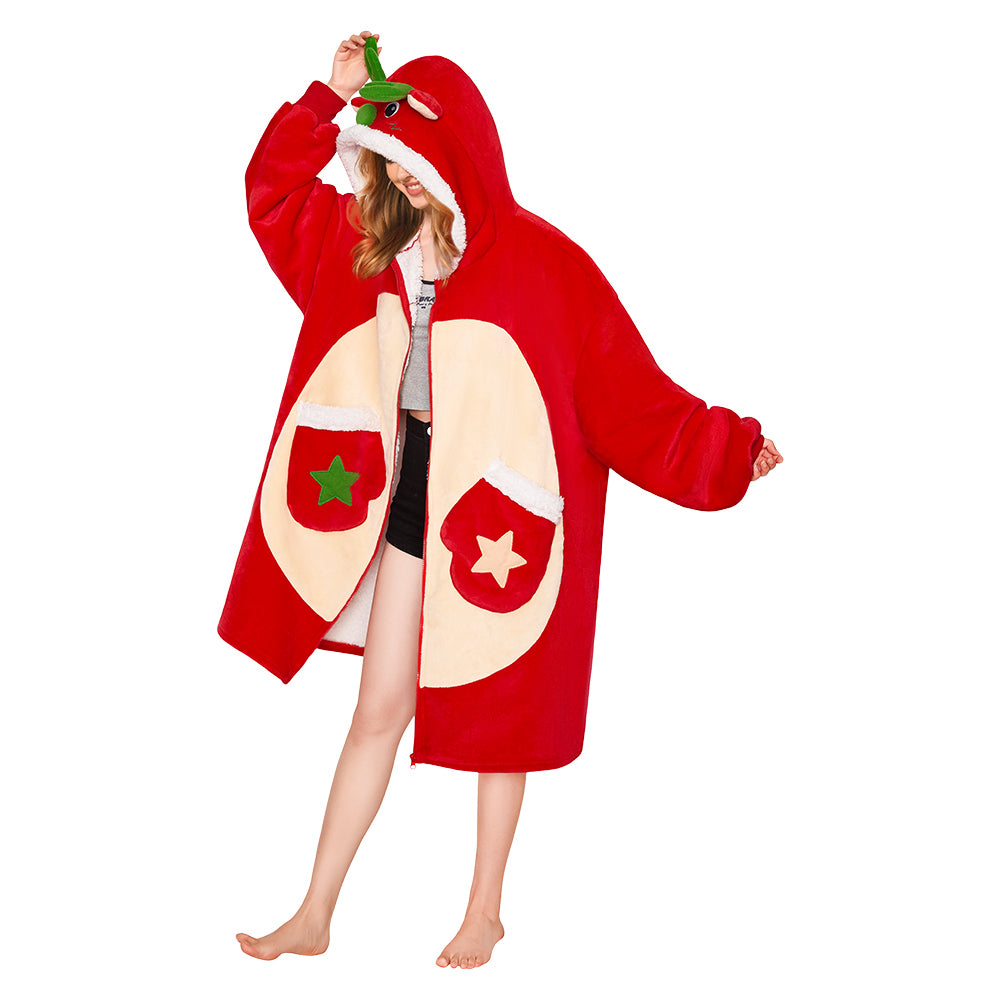 OLAOLA Red Reindeer Christmas Deer Fluffy Wearable Blanket Hoodie With Zipper Oversized Fleece Sherpa Sleepwear