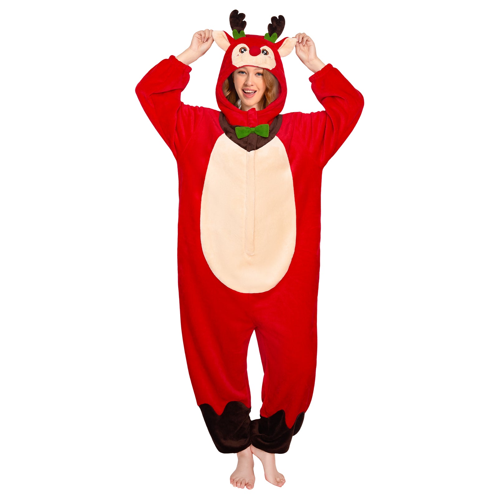 OLAOLA Red Reindeer Pajamas Unisex Plush Deer Animals Onesie For Adult Warm Home One-Piece Sleepwear Christmas Costume