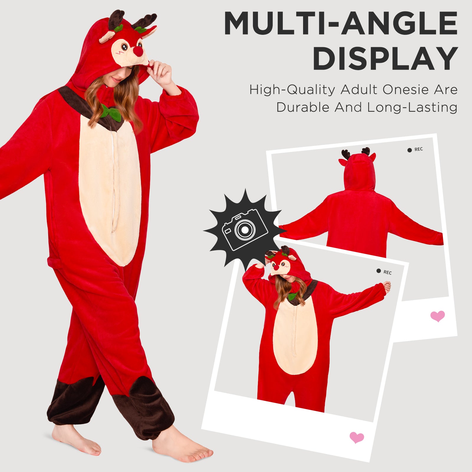 OLAOLA Red Reindeer Pajamas Unisex Plush Deer Animals Onesie For Adult Warm Home One-Piece Sleepwear Christmas Costume