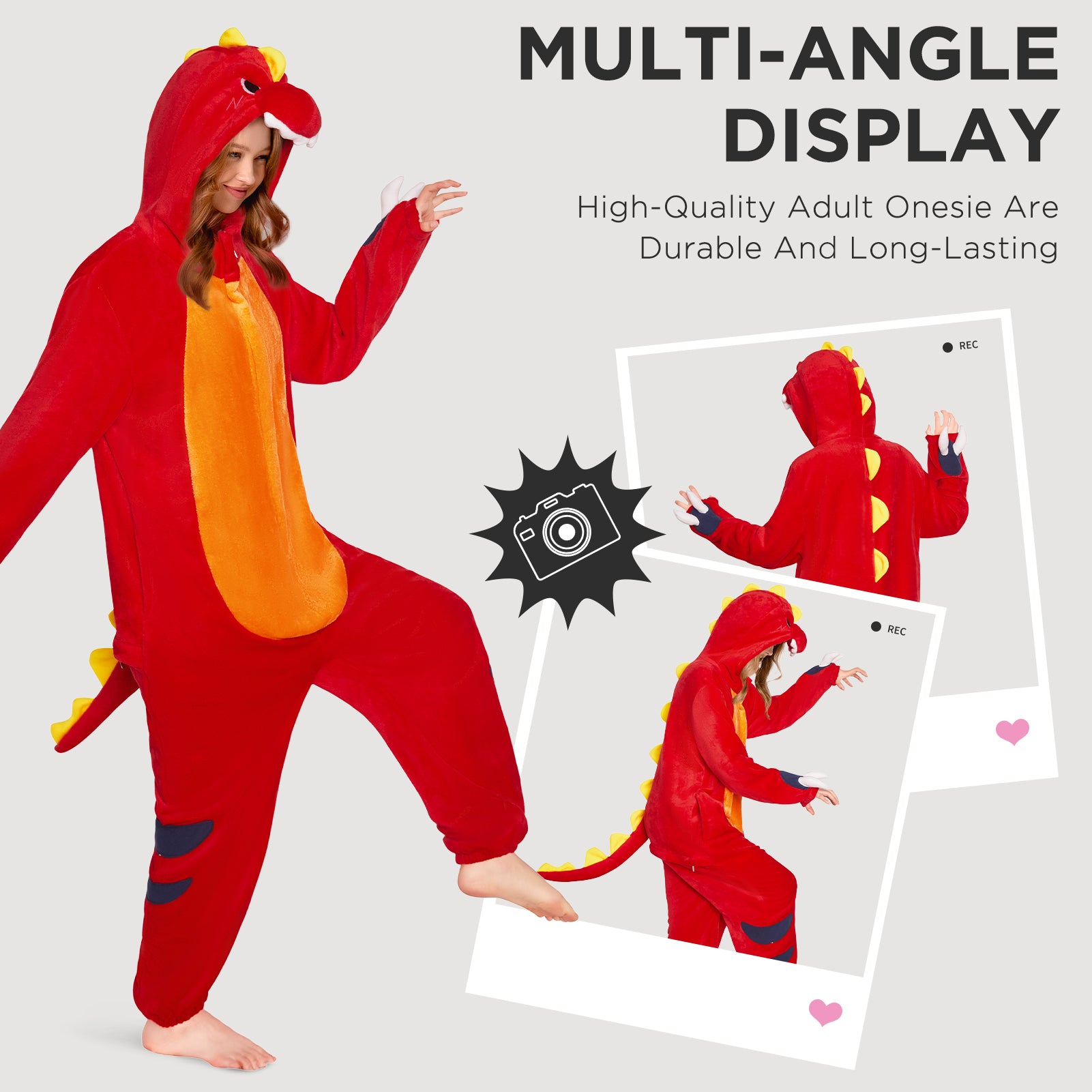 OLAOLA Red Tyrannosaurus Rex Pajamas Unisex Adult Dinosaur Plush Animals Onesie Sleepwear Halloween Cosplay Costume