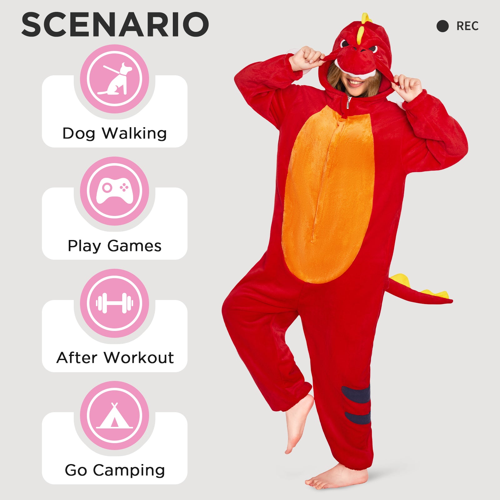 OLAOLA Red Tyrannosaurus Rex Pajamas Unisex Adult Dinosaur Plush Animals Onesie Sleepwear Halloween Cosplay Costume