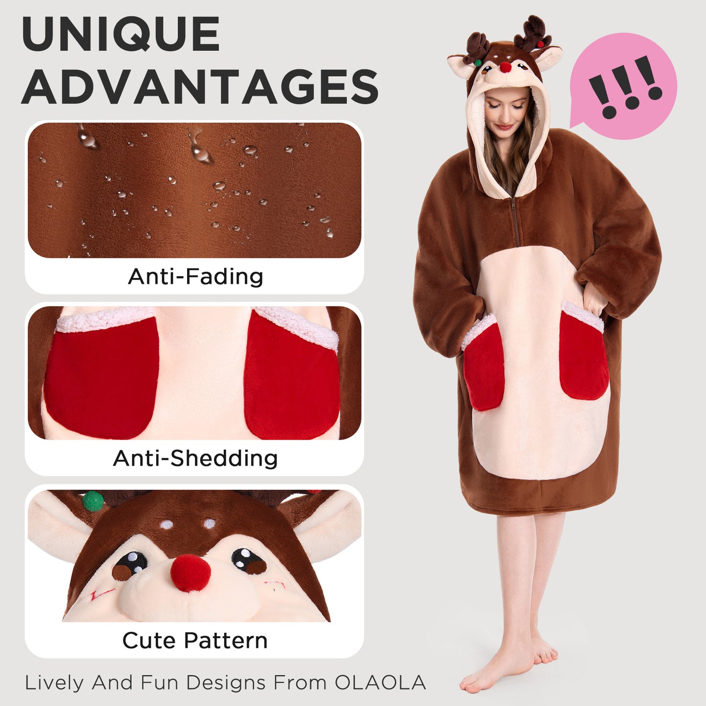 OLAOLA Reindeer Wearable Blanket Hoodie Deer Christmas Animals Onesie Oversized Soft Homewear For Adult