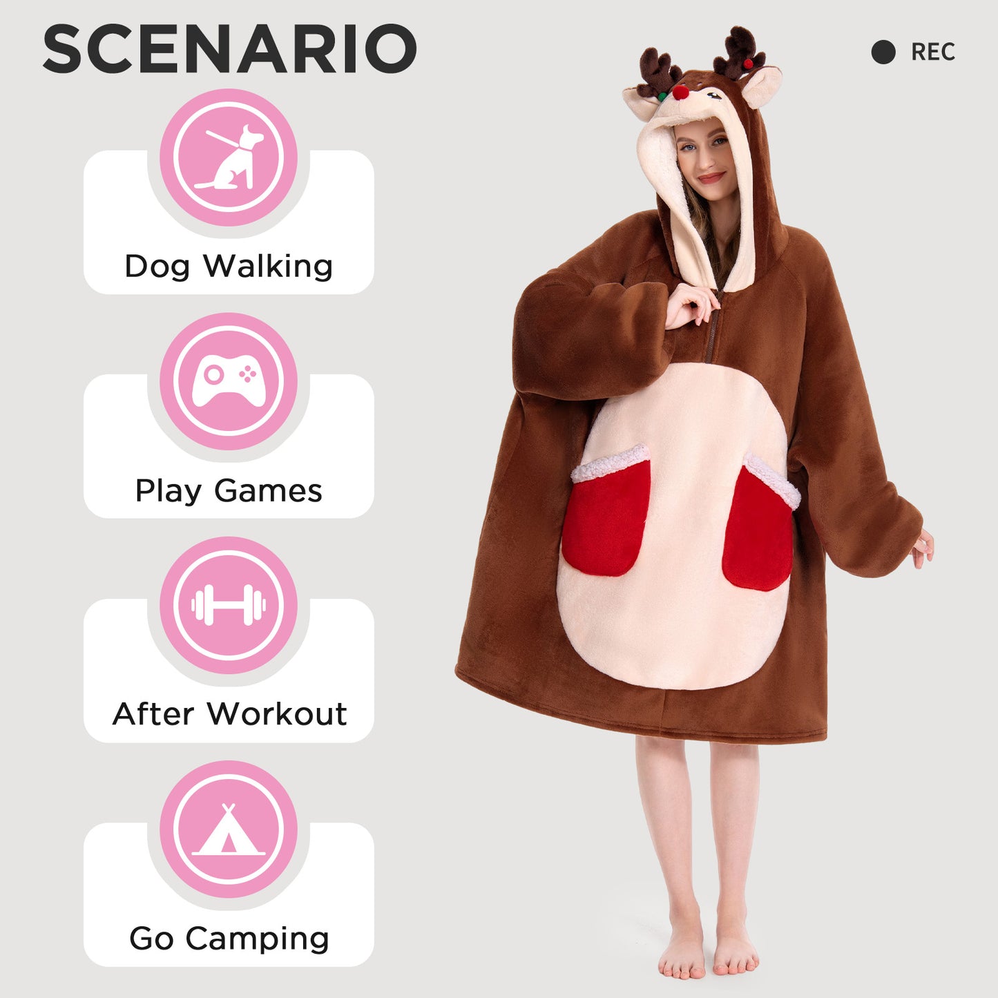 OLAOLA Reindeer Wearable Blanket Hoodie Deer Christmas Animals Onesie Oversized Soft Homewear For Adult