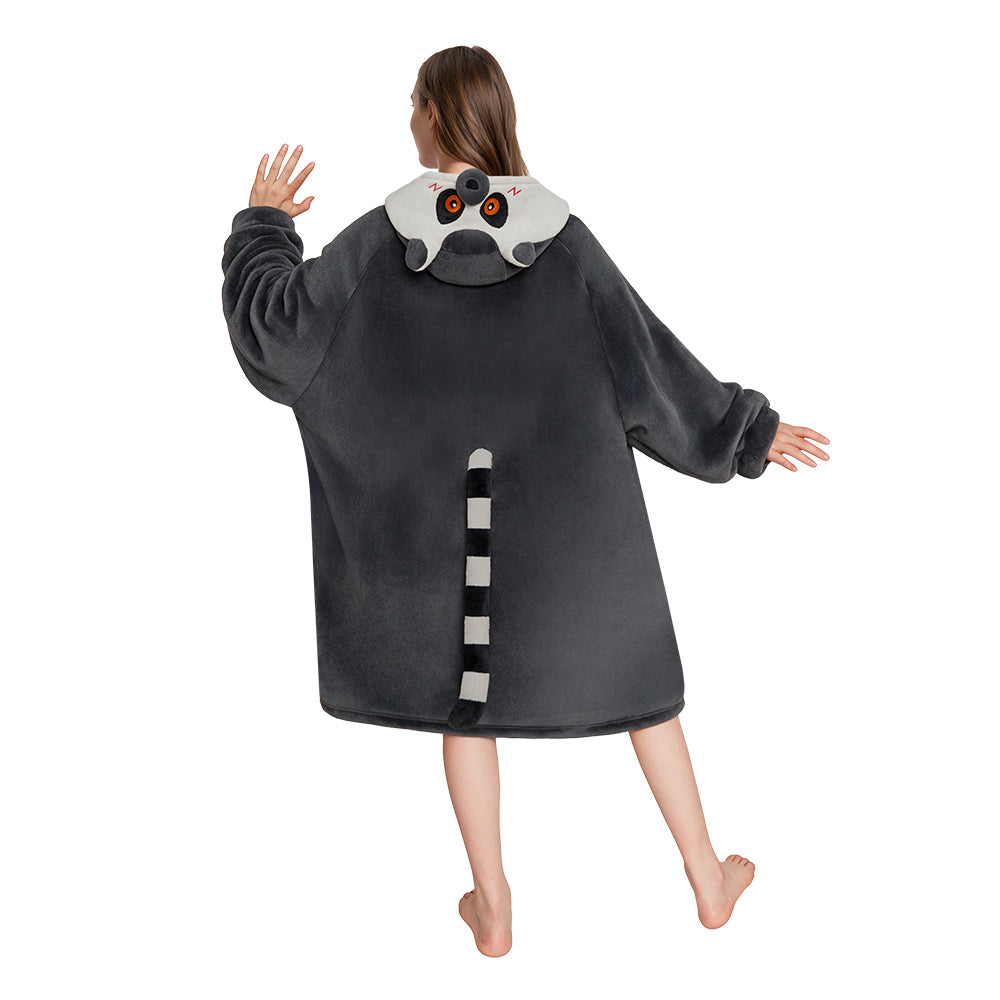 OLAOLA Ring-tailed Lemur Gray Monkey Wearable Blanket Hoodie Animals Onesie Oversized Soft Homewear With Pocket For Adult Unisex