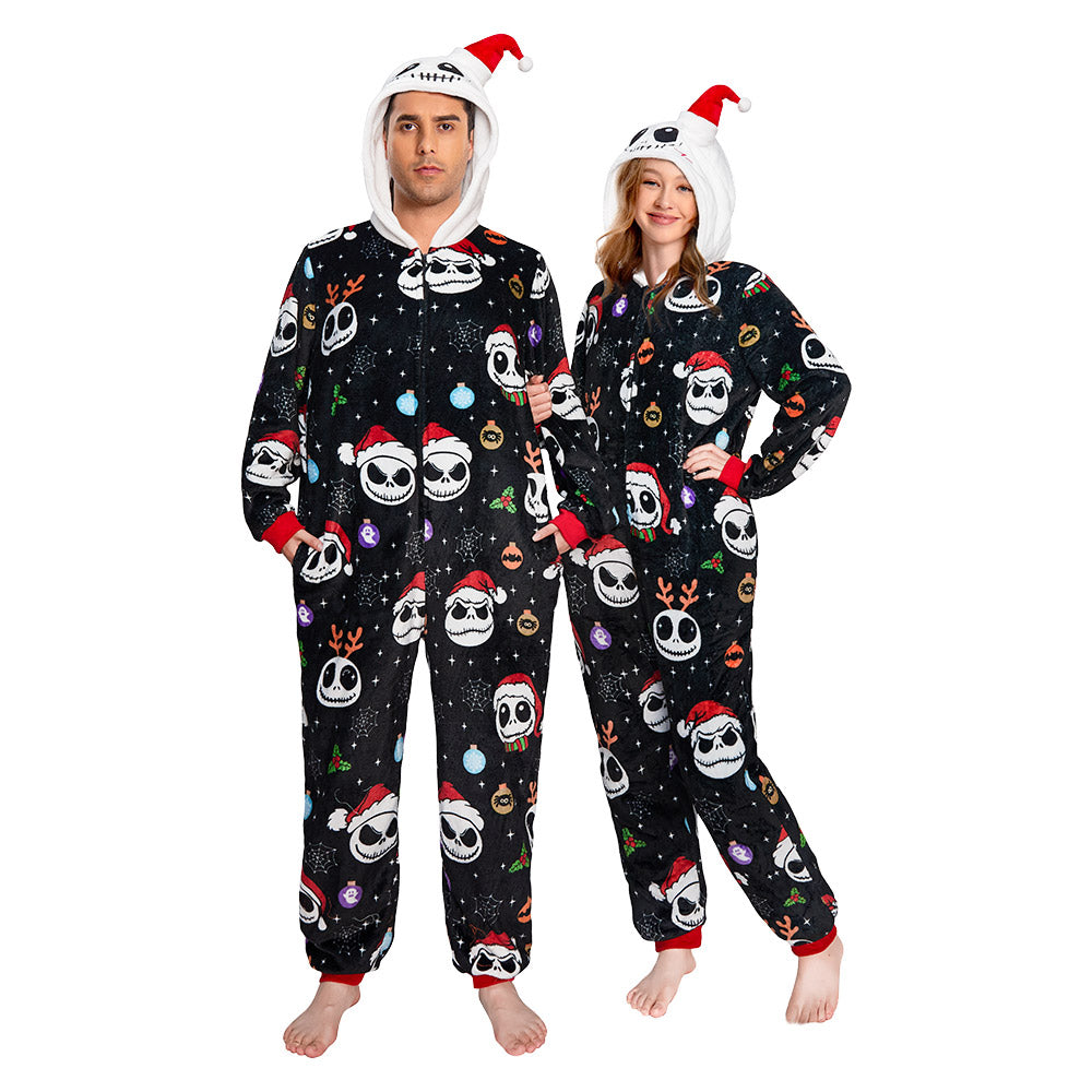 OLAOLA Skeleton Adult Printed Pajamas Plush Sleeping Onesie Warm Home One-Piece Sleepwear Halloween Party Suit