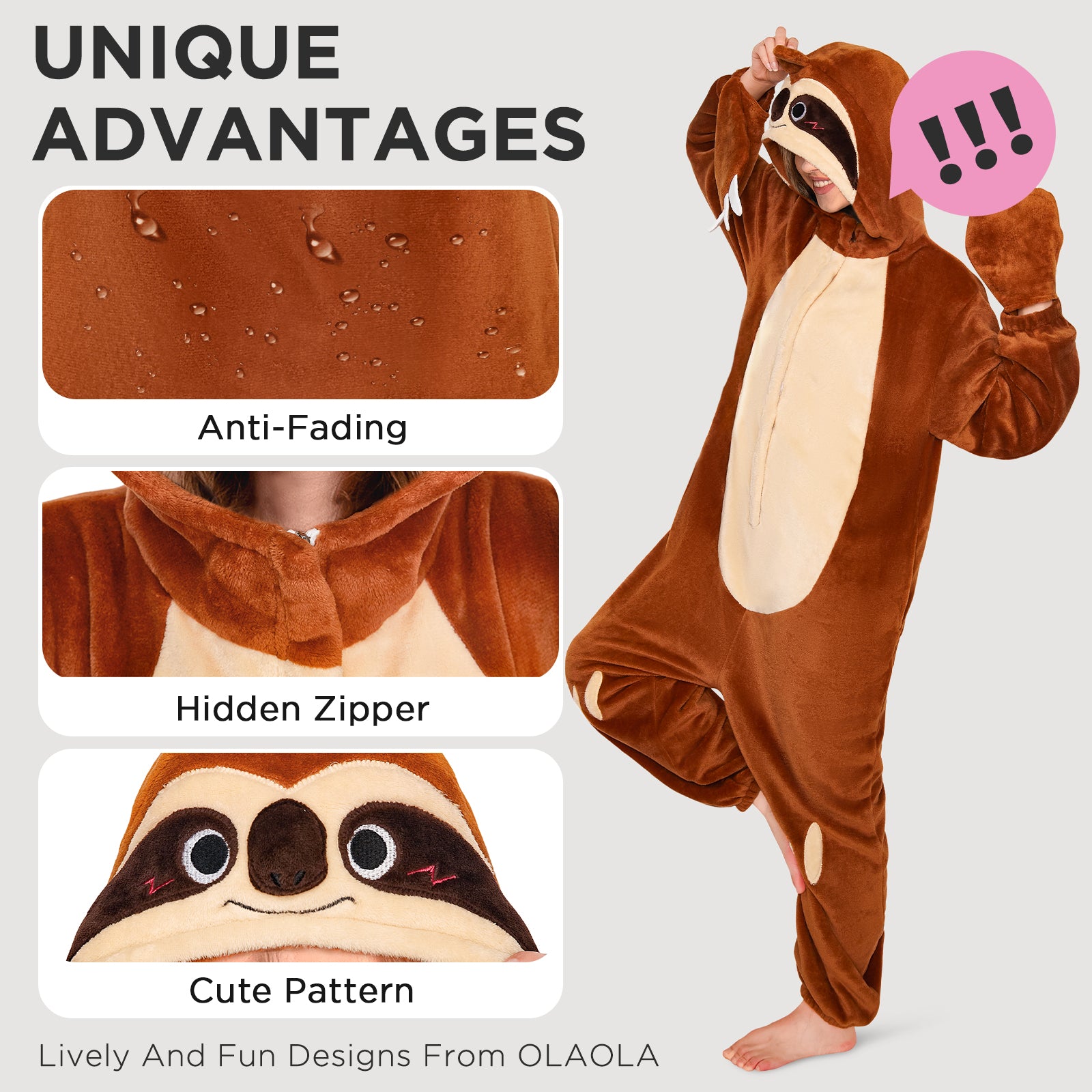 OLAOLA Sloth Pajamas Unisex Adult Plush Animals Onesie Flannel Sleepwear Halloween Cosplay Costume