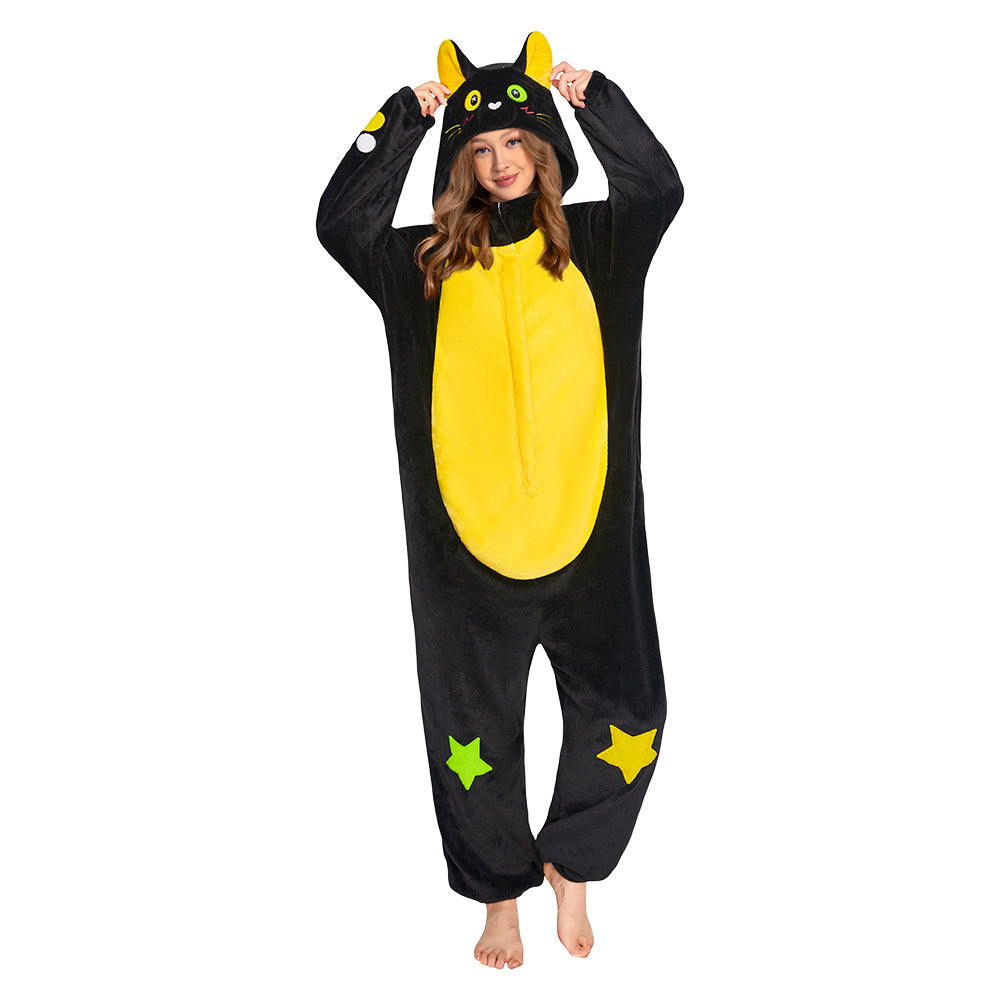 OLAOLA Star Black Cat Costume Unisex Adult Plush Animals Onesie Pajamas Warm Home Pet One-Piece Sleepwear
