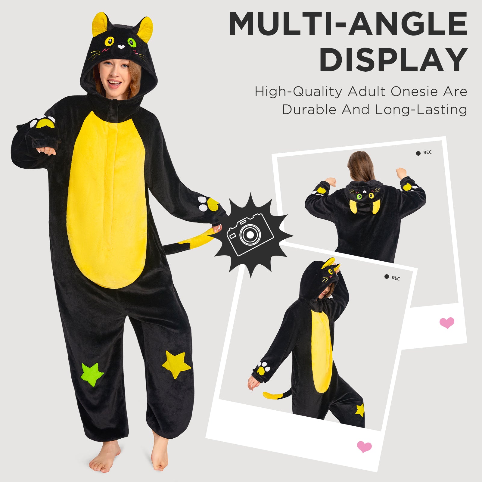 OLAOLA Star Black Cat Costume Unisex Adult Plush Animals Onesie Pajamas Warm Home Pet One-Piece Sleepwear