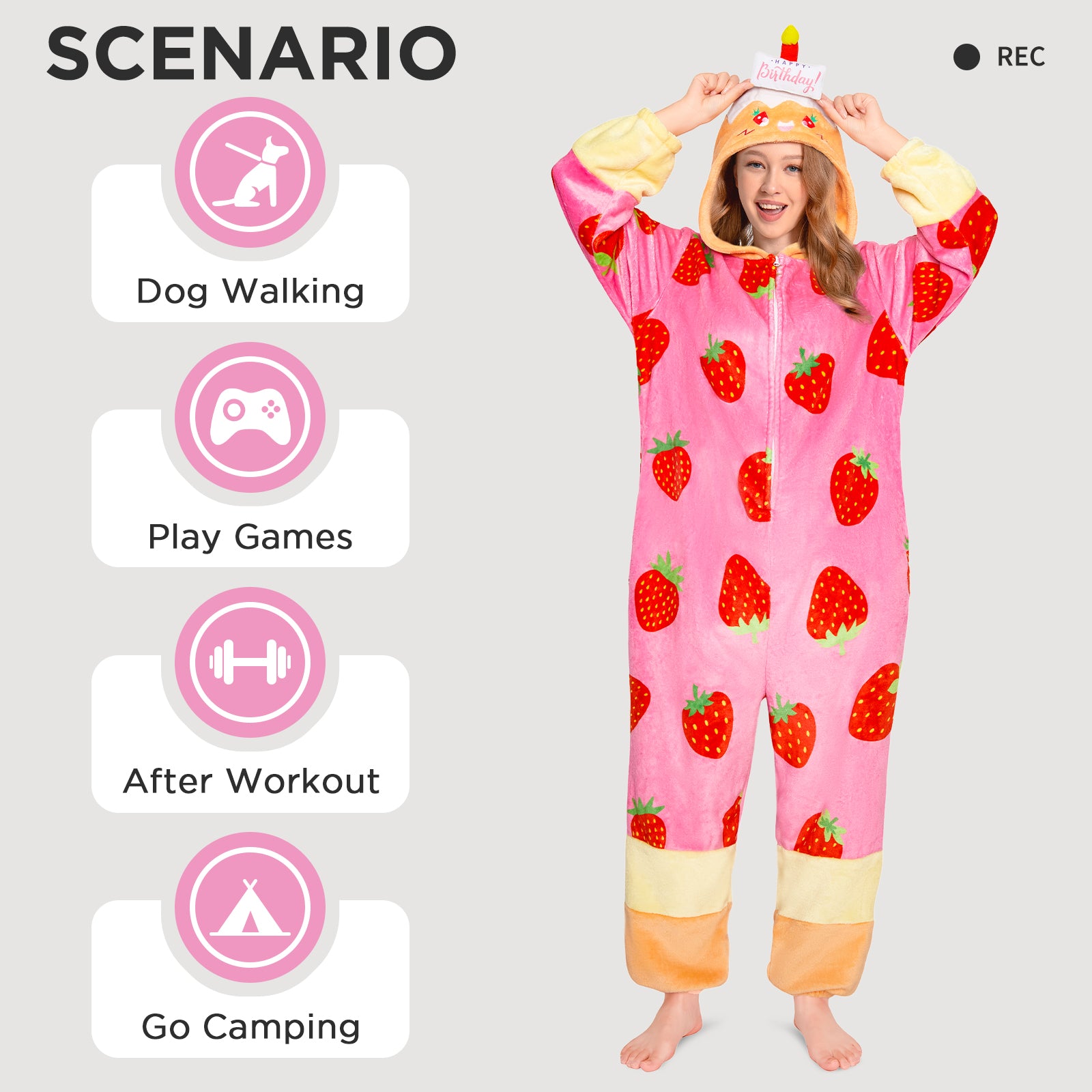 OLAOLA Strawberry Cake Pajamas Food Onesie Plush Warm Home One Piece For Adult Unisex Halloween Costume