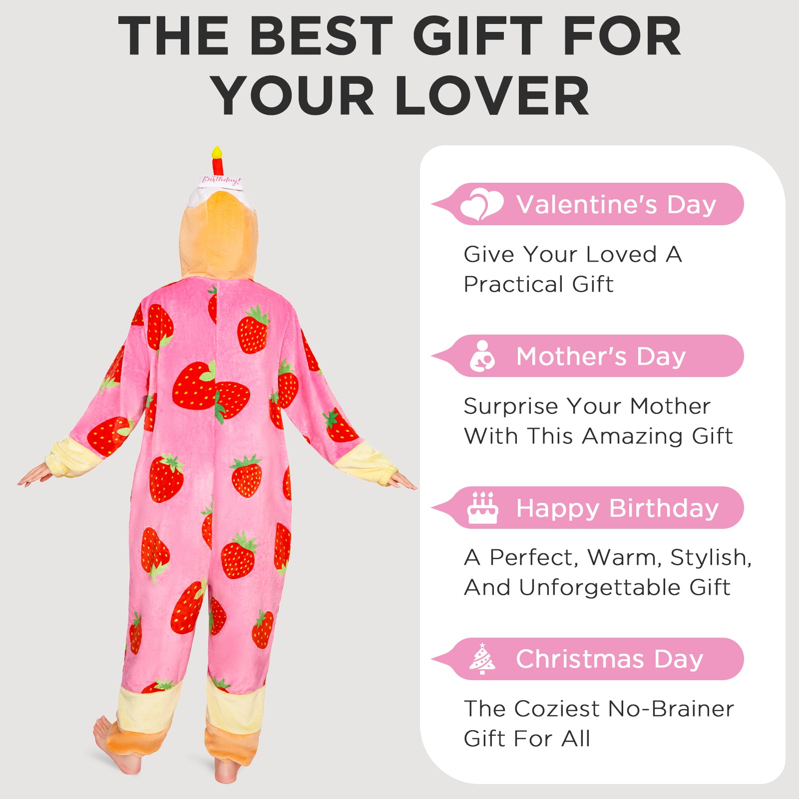OLAOLA Strawberry Cake Pajamas Food Onesie Plush Warm Home One Piece For Adult Unisex Halloween Costume