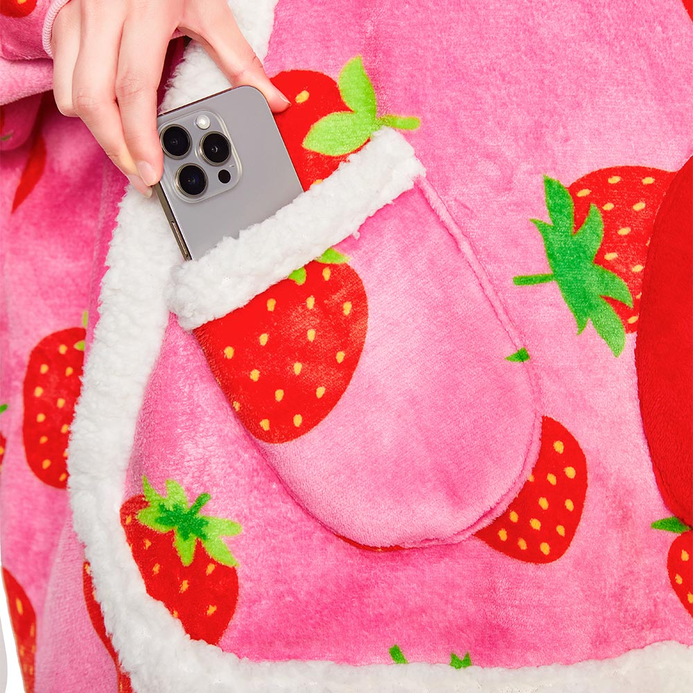 OLAOLA Strawberry Wearable Blanket Hoodie For Adult Oversized Food Onesie Hooded Blanket Soft Warm Cozy Sherpa Fleece Sweatshirt