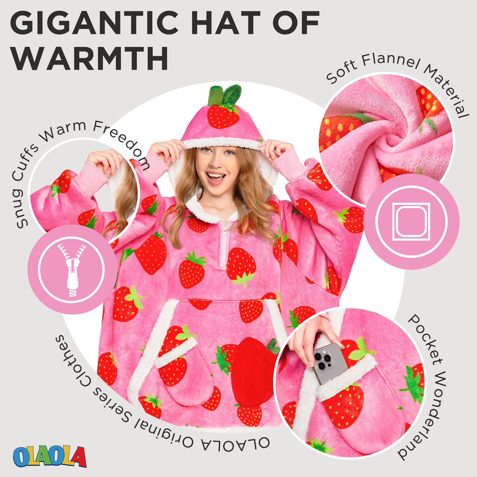 OLAOLA Strawberry Wearable Blanket Hoodie For Adult Oversized Food Onesie Hooded Blanket Soft Warm Cozy Sherpa Fleece Sweatshirt